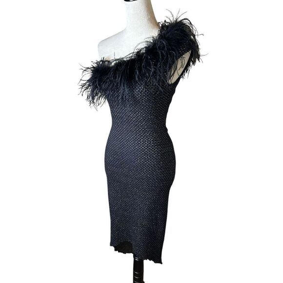 Y2K Feather Trim One Shoulder Dress Black Mesh Sparkle Party Retro Glam Small - Picture 4 of 8